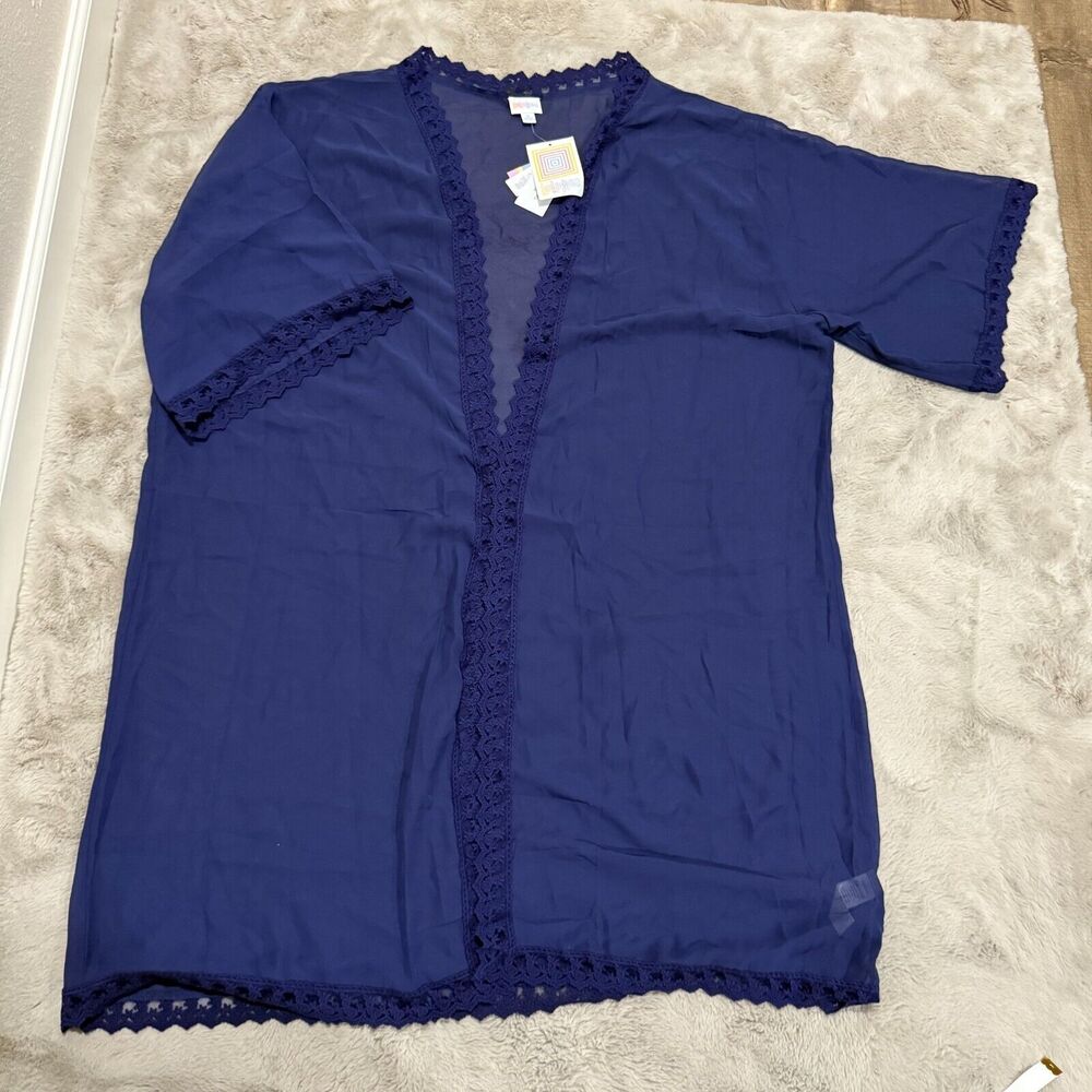 NWT LuLaRoe Kimono Cardigan Navy Blue Lace Trim Open Front XL Lightweight Boho